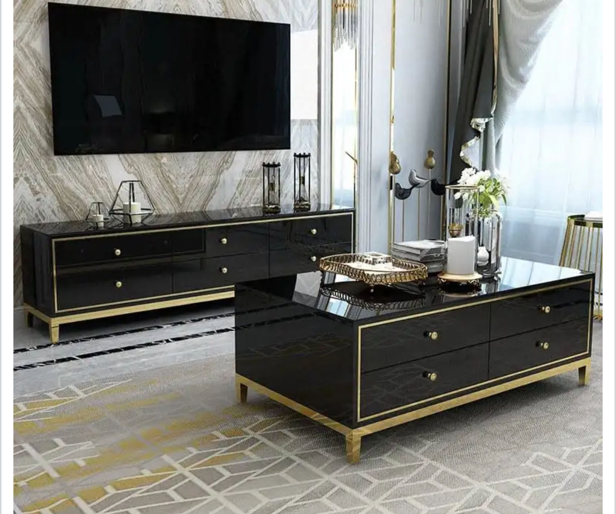 EFURN- Asher Coffee Table & Tv Stand Set (Black)