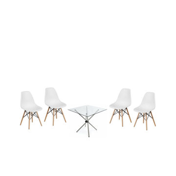 EFURN- 5pc Emma Dining Set with Square glass top table (White)