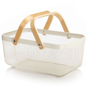 Metal Mesh Rectangular Wooden Handle Storage Basket Storage Organizer - 40cm - White