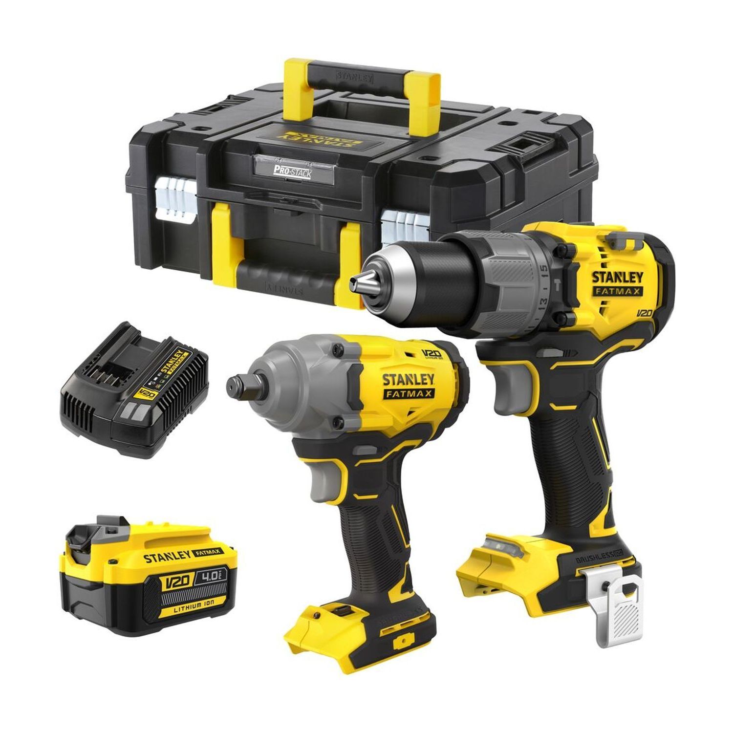 V20 18V Brushless Hammer Drill & 1/2in Impact Wrench Kit with 4.0Ah Battery