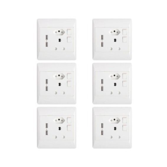 Redisson 16A Double Wall Socket with 2 USB Slots (4x4) - Set of 6