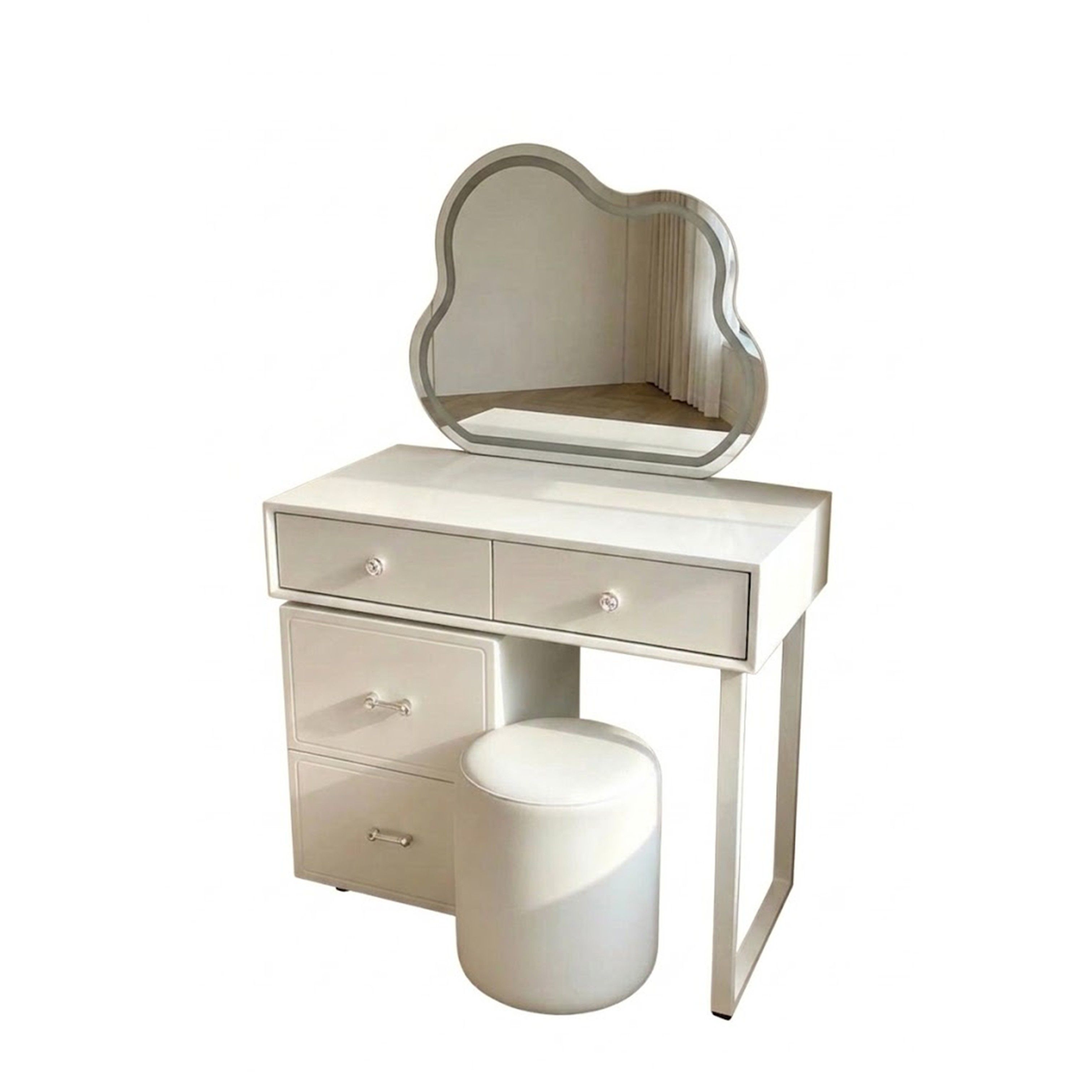 Madiega Furniture - Modern White dressing Table Set with Wave Mirror, Drawers & Ottoman Stool