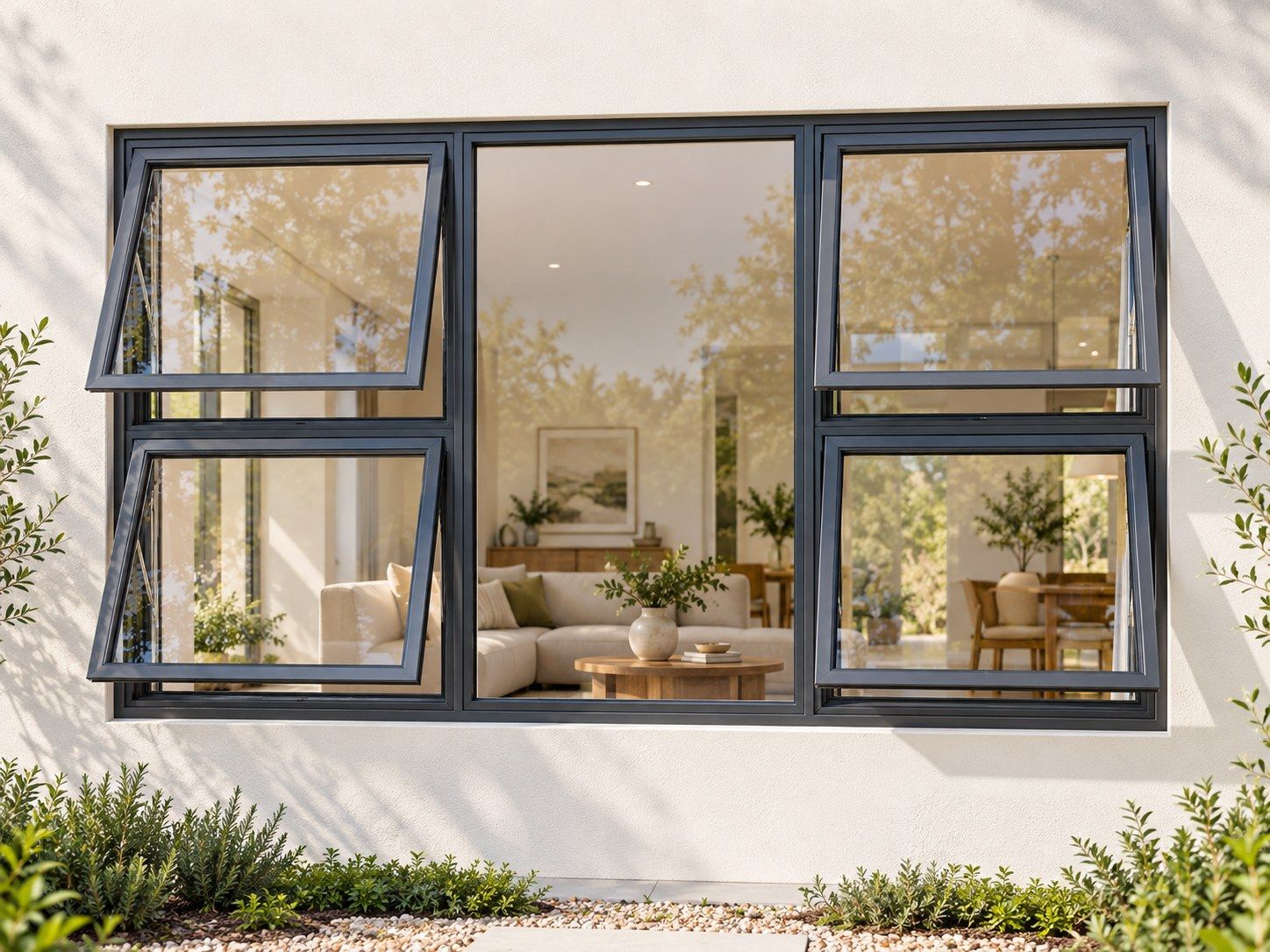 Kenzo Premium Top-Hung Aluminium Window - Charcoal, 2400 1200 mm, Four Openers with Fixed Centre, Clear Glass