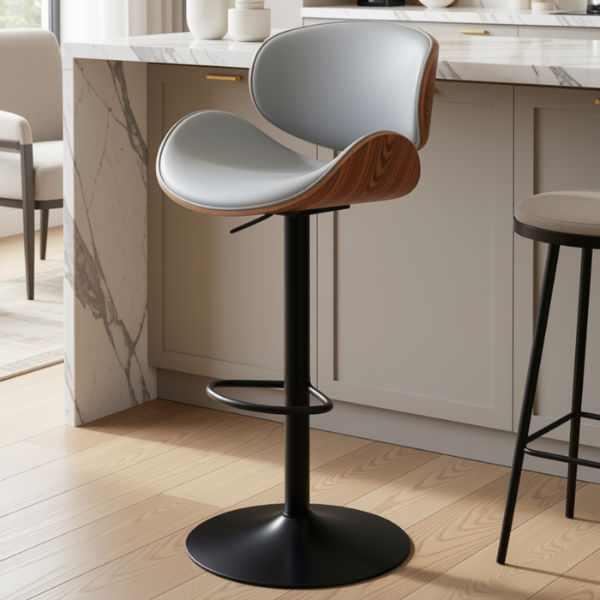 Wren Grey Leather Barrel Bar Stool with Wood Trim