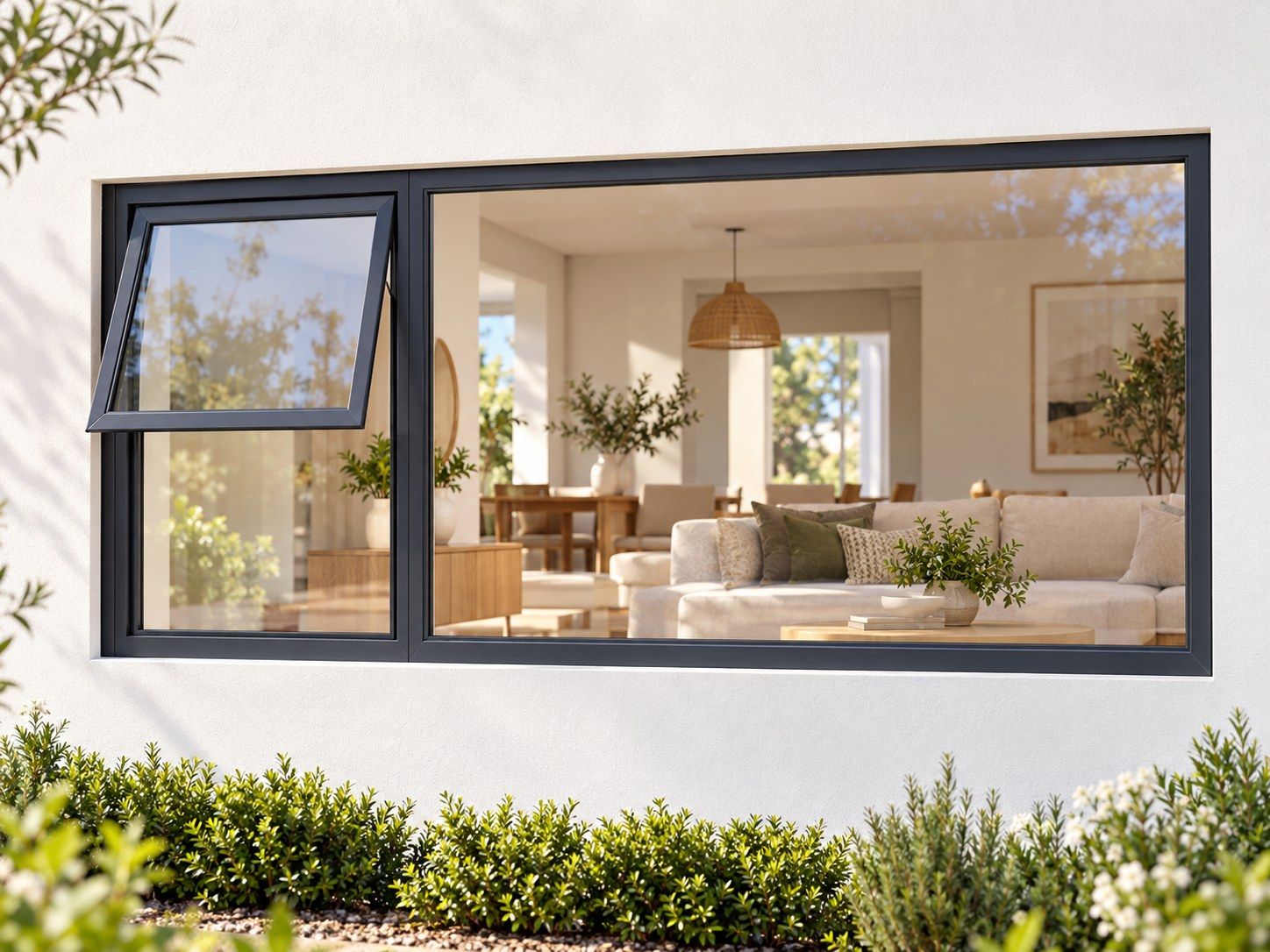 Kenzo Premium Top-Hung Aluminium Window - Charcoal, 2100 600 mm, Left Upper Opener with Fixed Side Pane, Clear Glass