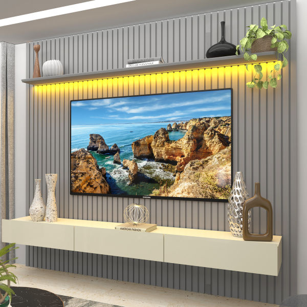 Home Nombre Modern Wall-Mounted Slatted Panel Plasma Stand Grey / Off White