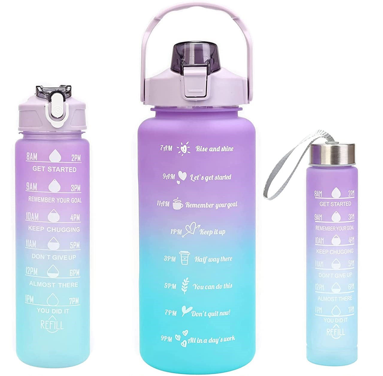 3 Pcs Motivational Gradient Water Bottle (BPA Free) . Gym Bottle, School Bottle - Purple