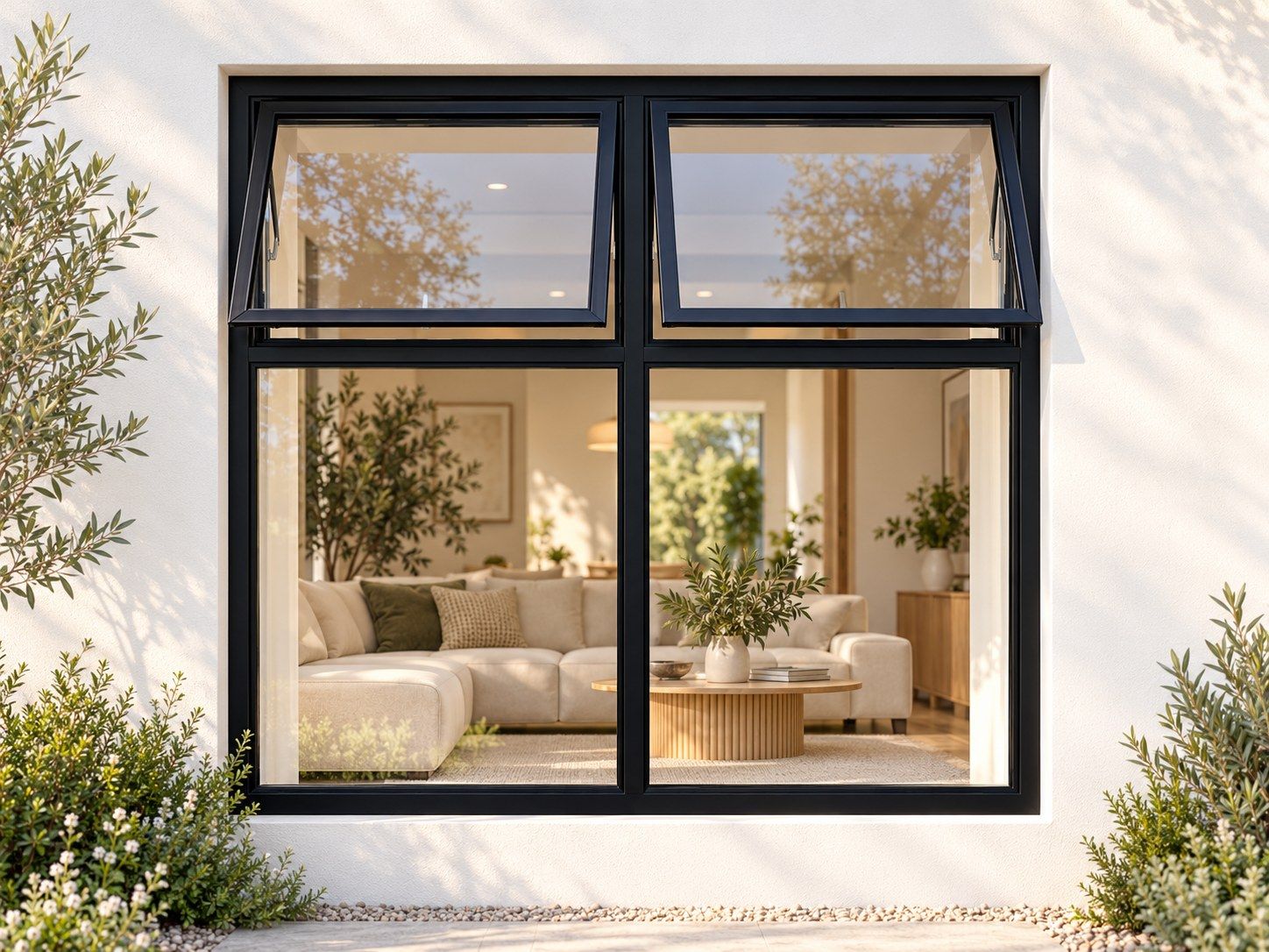 Kenzo Premium Top-Hung Aluminium Window - Black, 1500 1500 mm, Two Upper Openers with Fixed Lower Panes, Clear Glass
