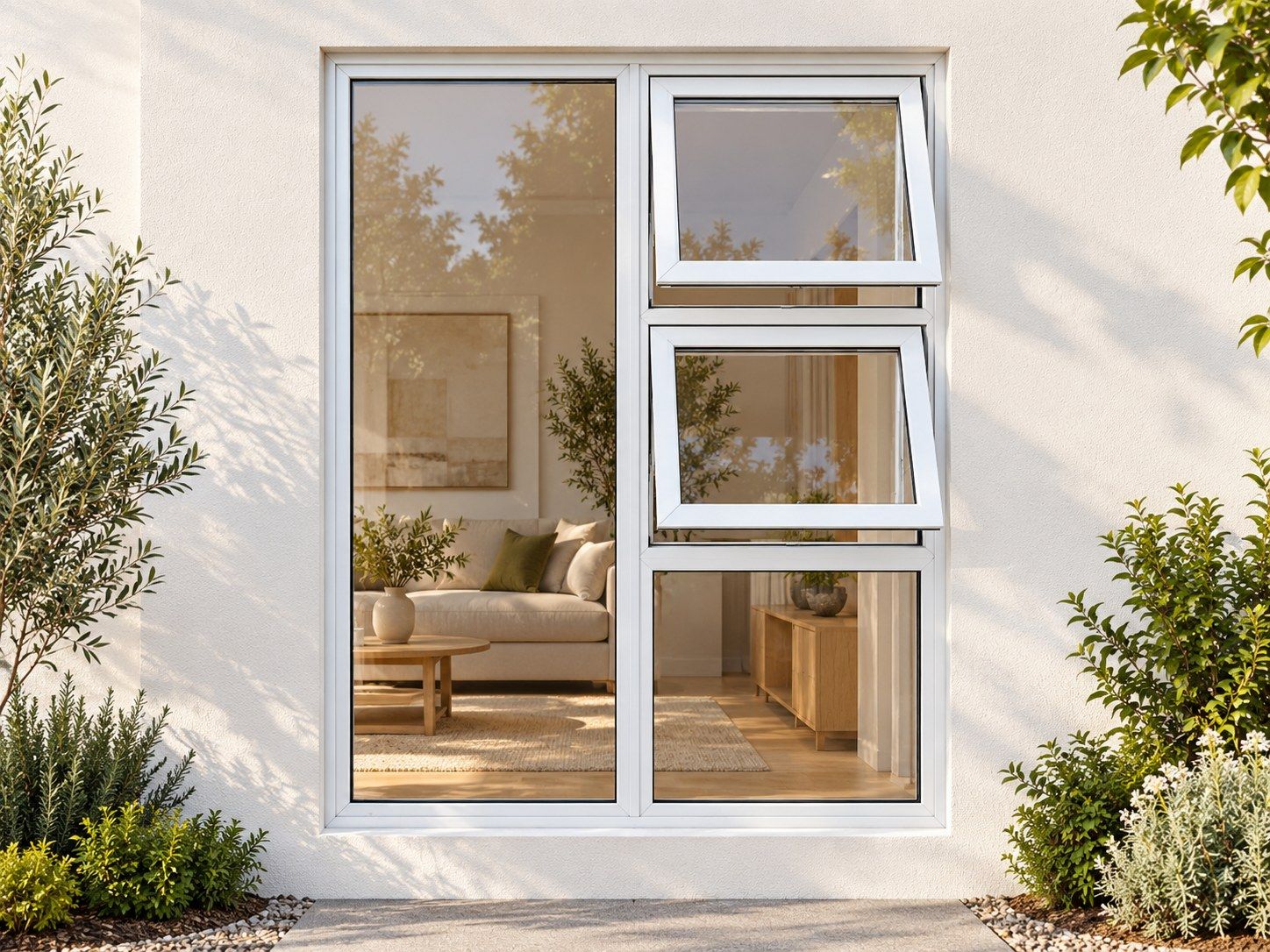 Kenzo Premium Top-Hung Aluminium Window - White, 1200 1800 mm, Right Two Openers with Fixed Lower and Side Panes, Clear Glass