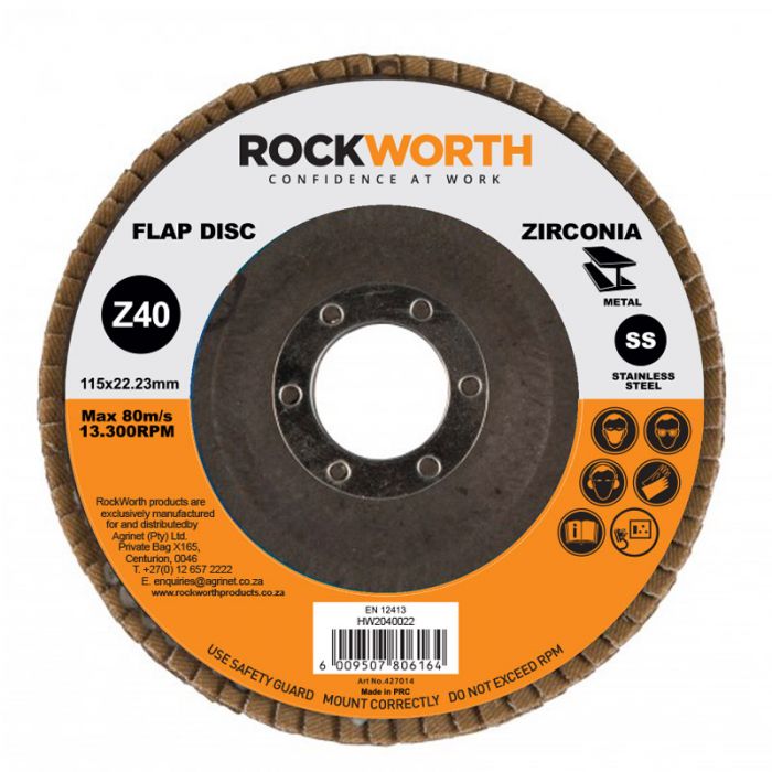 Bulk Pack 5 x Rockworth P40 Zirconia Oxide Flap Disc - 115mm