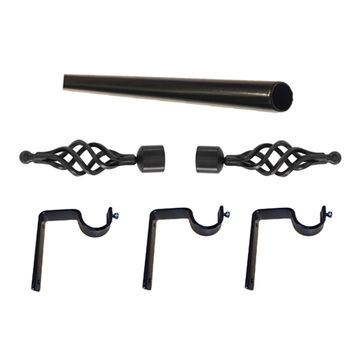 Matoc 32mm Curtain Single Metal Pole Set -BigBasket Finials -Black -5.0m