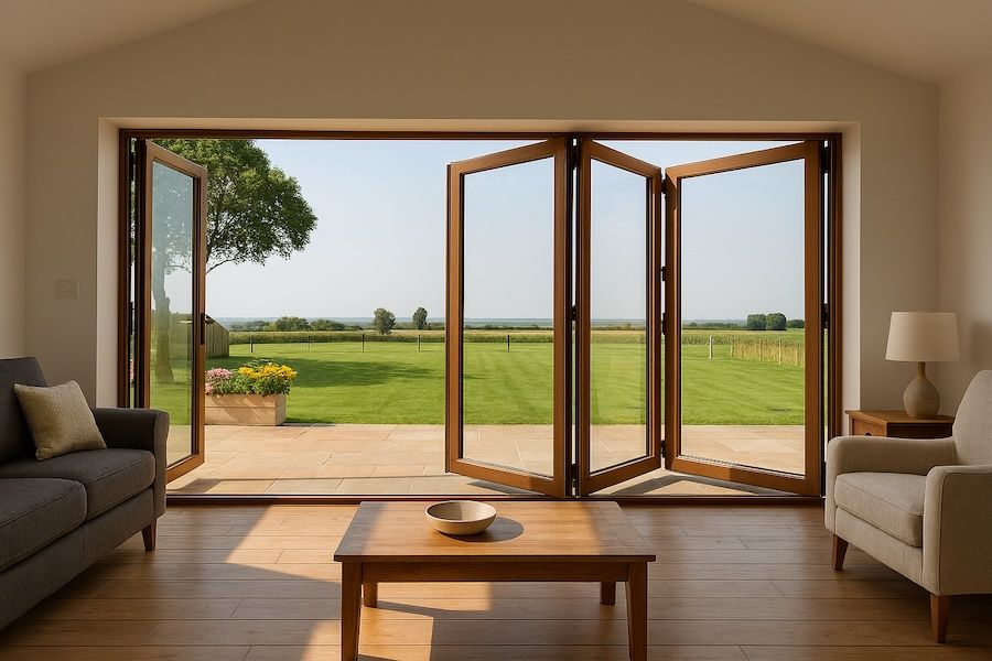 Kenzo - SFD4FG7LB - Aluminium Fold A-Side Door 2.8mx2.1m Bronze 3 Doors Open Left, 1 Door Open Right Viewed From Outside