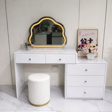 Madiega Furniture - 5-Drawer White Dressing Table Set with LED Cloud Mirror