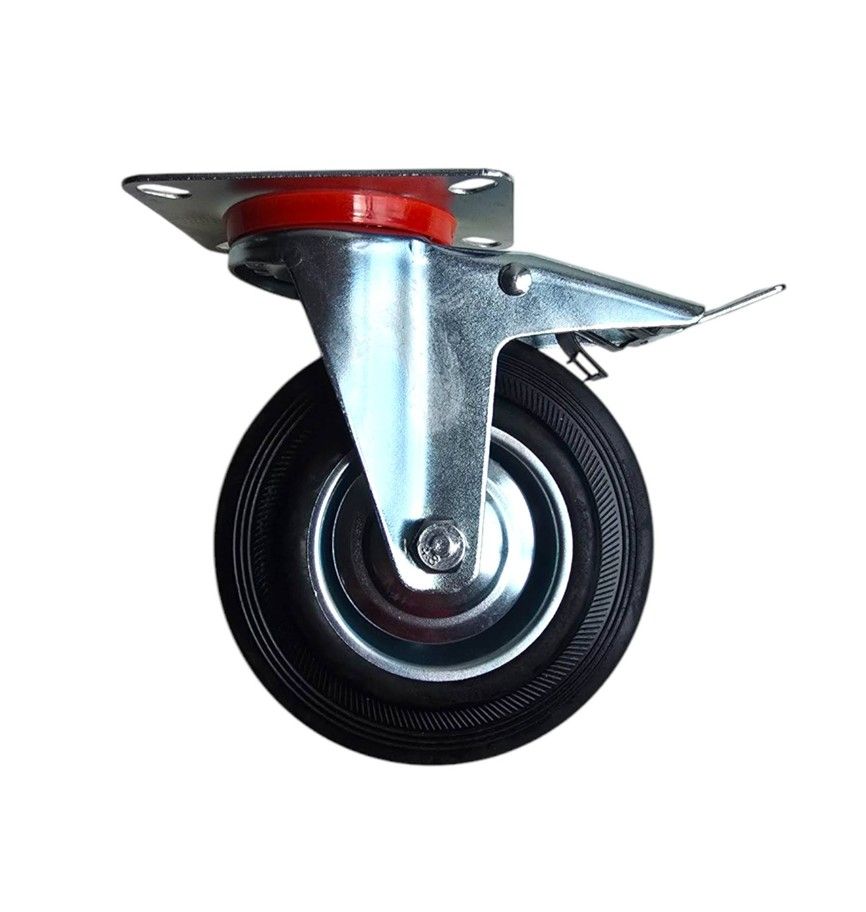 Trolley Wheel -  Castor Wheel Rubber 125mm - Swivel - Galvanised Steel Plate - With BRAKE