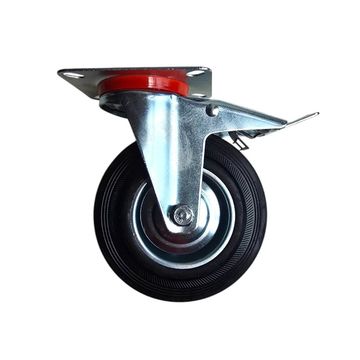 Trolley Wheel -  Castor Wheel Rubber 125mm - Swivel - Galvanised Steel Plate - With BRAKE