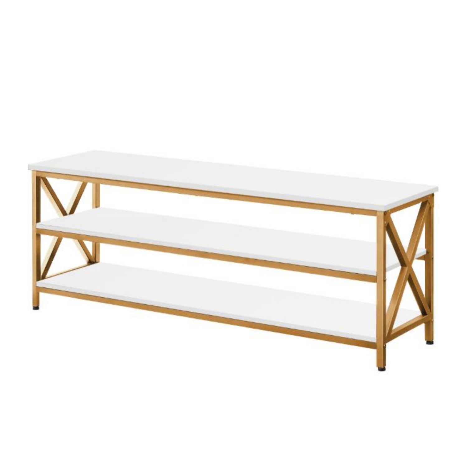 MODERN TV STAND WITH OPEN SHELVES AND STEEL FRAME IDEAL FOR MEDIA DEVICES