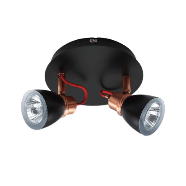 230v 50W GU10 Two Adjustable Black & Copper Spot Light on a PlateColour:Black & Copper Red Cord