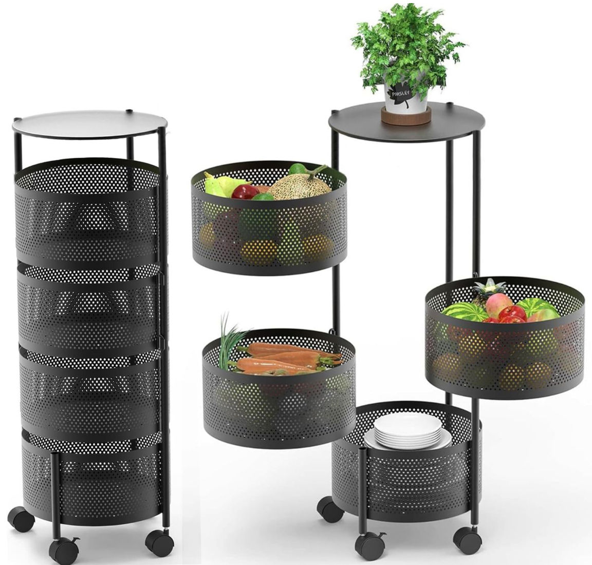 4-Tier Round Mesh Storage Trolley with Swivel Baskets