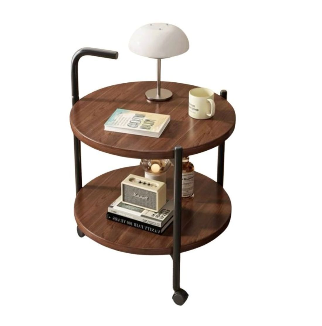 Round Mobile Side Table with Storage Shelf, 2-Tier Rolling End Table, Walnut Wood Finish, Metal Frame