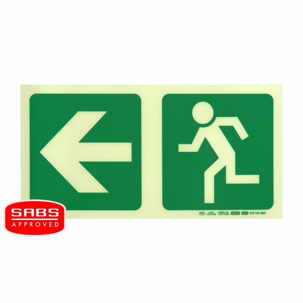 Photoluminescent 190MM Safety Sign - E2-Arrow LeftRunning Man