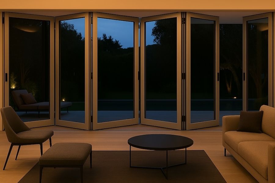 Kenzo - SFD6FG7RS - Aluminium Fold A-Side Door 4.2mx2.1m Silver 5 Doors Open Right, 1 Door Open Left Viewed From Outside