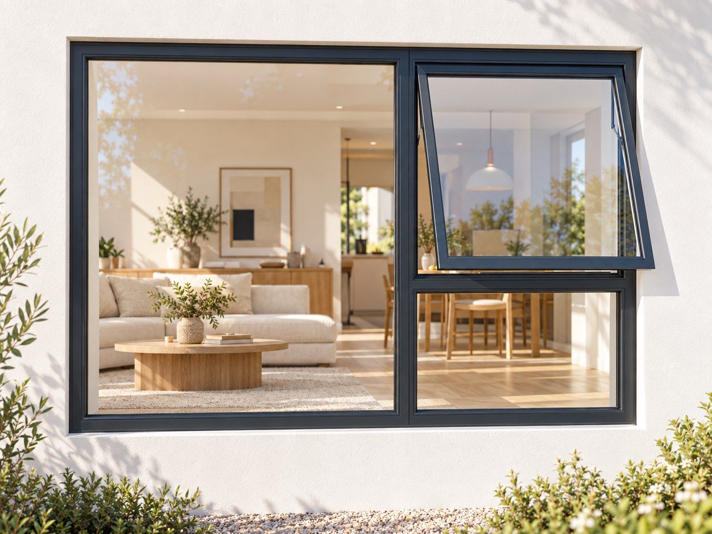 Kenzo Premium Top-Hung Aluminium Window - Charcoal, 1500 900 mm, Right Upper Opener with Fixed Lower and Side Panes, Clear Glass