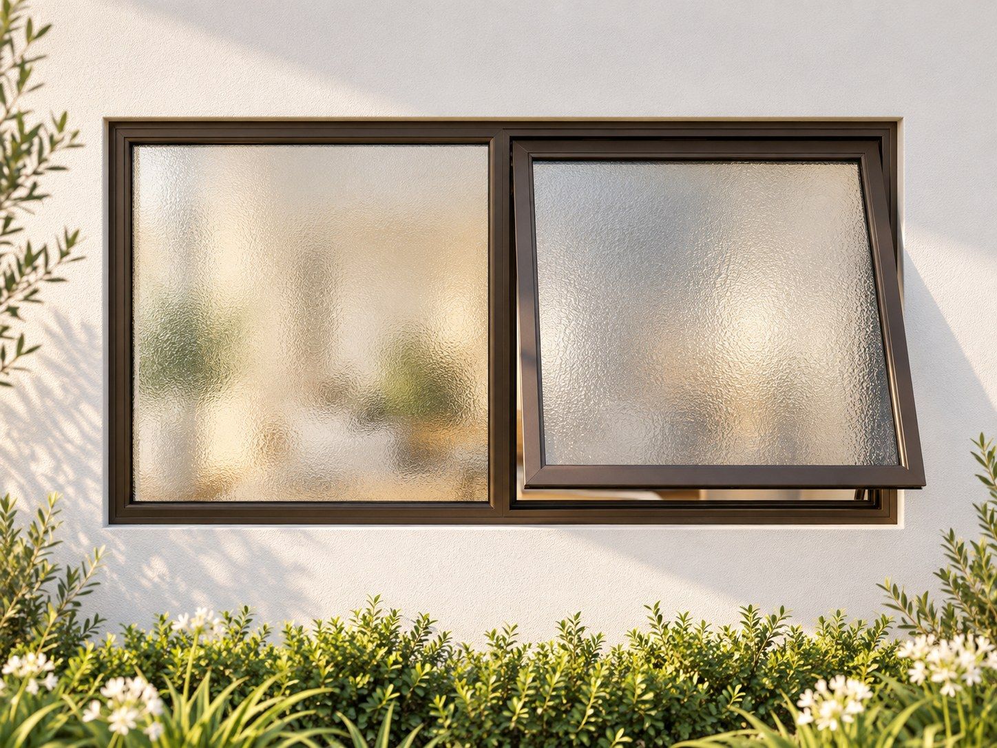 Kenzo Premium Top-Hung Aluminium Window - Bronze, 1200 600 mm, Right Upper Opener with Fixed Side Pane, Obscure Safety Glass