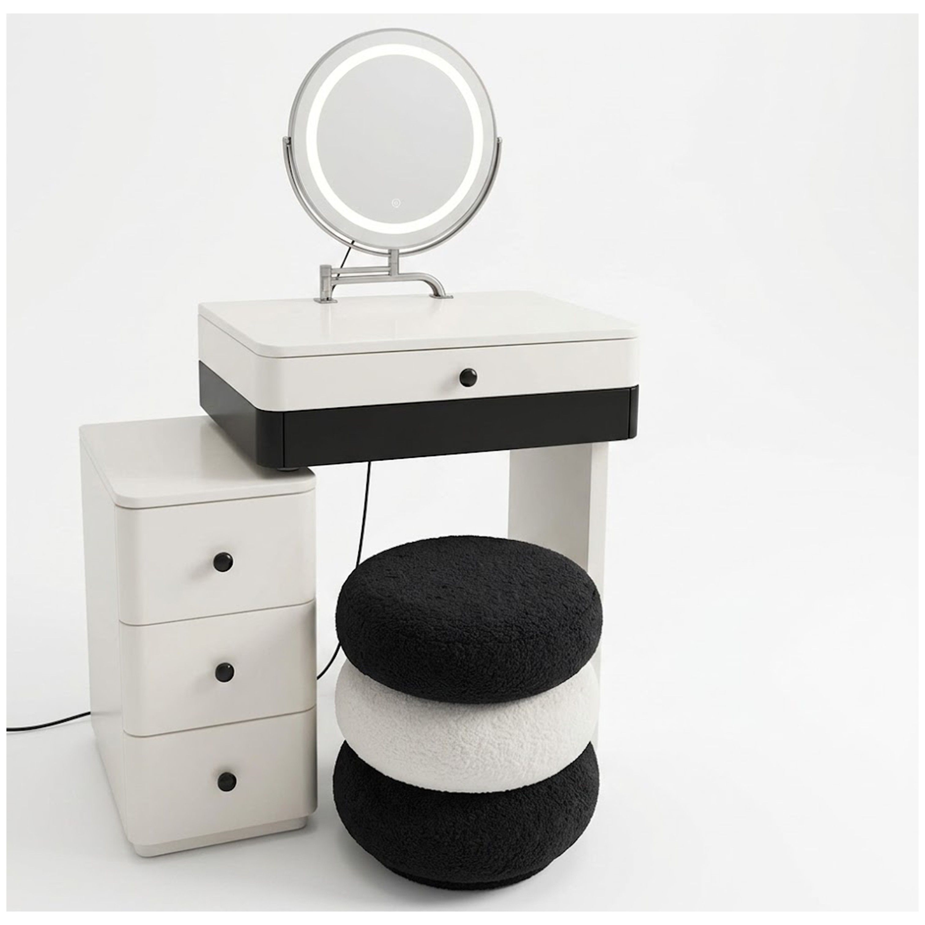 Madiega Furniture - Modern Contrast Vanity Desk Set with LED Ring Mirror & Stacked Bouclé Stool