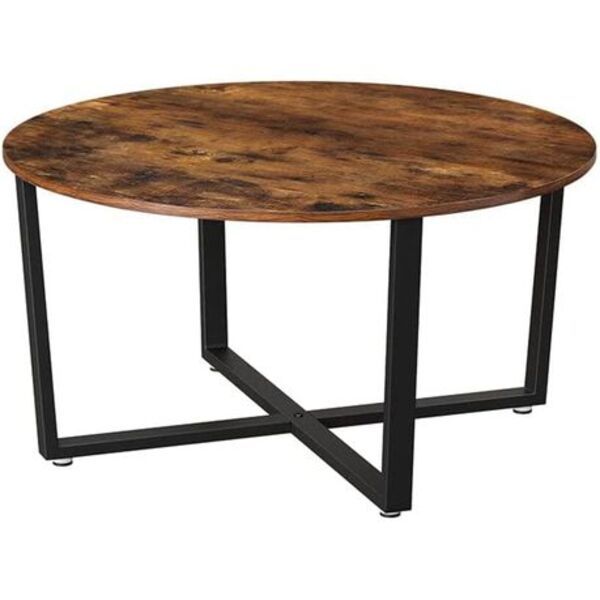Industrial Round Coffee Table - Rustic Wooden Top with Metal Legs