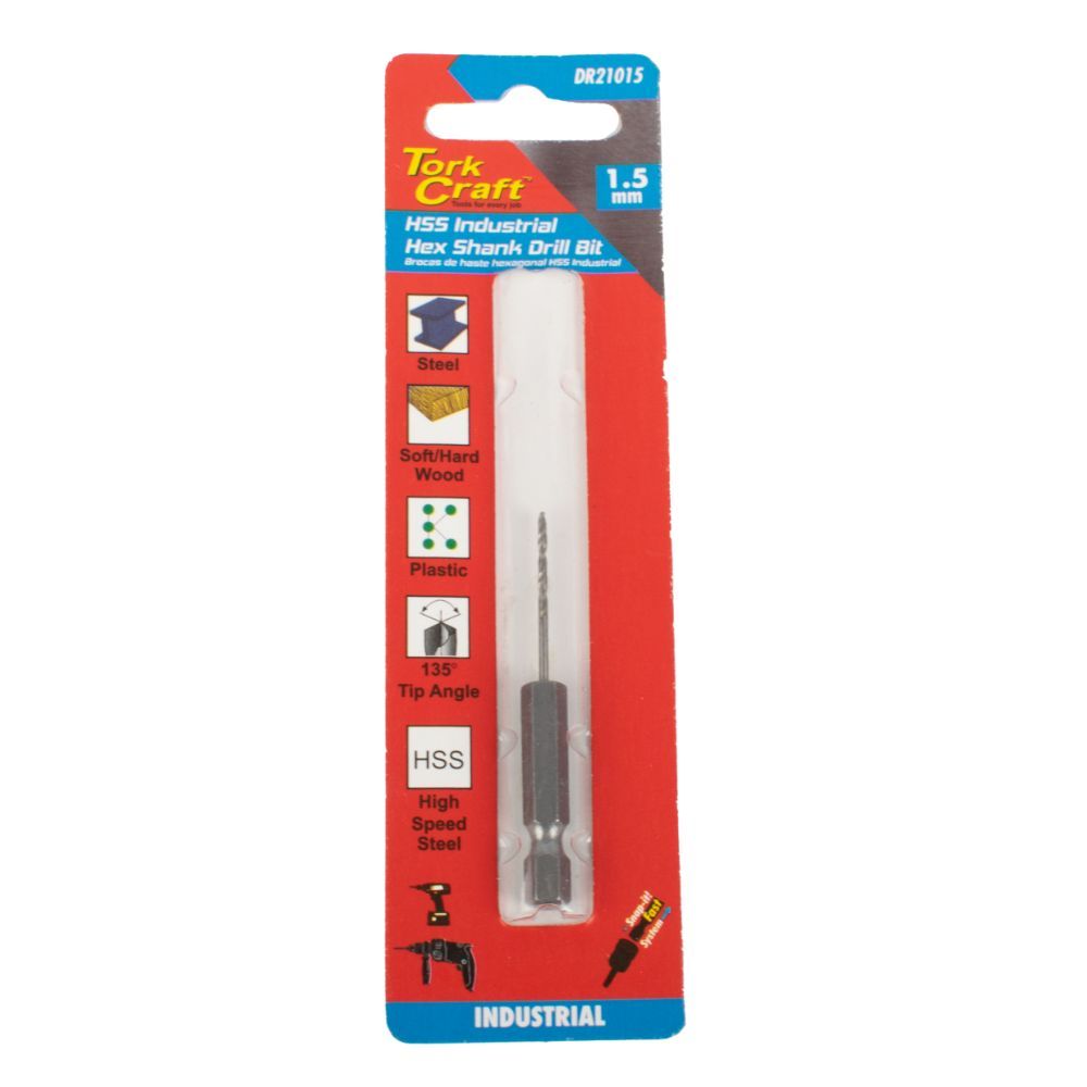 Tork Craft - Drill Bit Hss Industrial 1.5mm 135Deg Hex Shank - 8 Pack