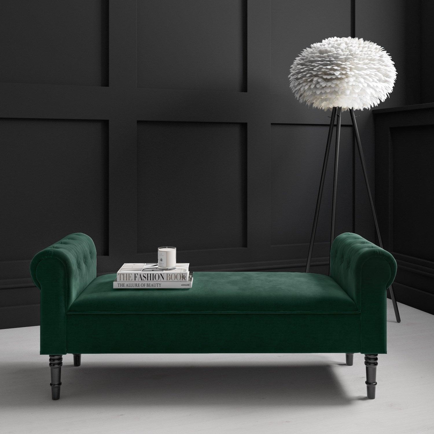 Velvet End of Bed Bench with Chesterfield Armrests - Mustard
