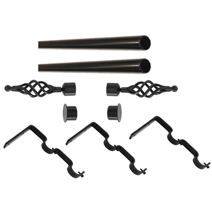 Matoc 32mm Curtain Double Metal Pole Set -Extend Brkts -BigBasket Finials -Black -2.0m