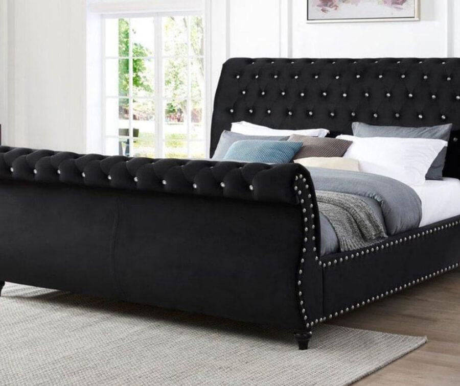 Figure It Out Velvet Black Crystal Button-tufted Sleigh King Bed