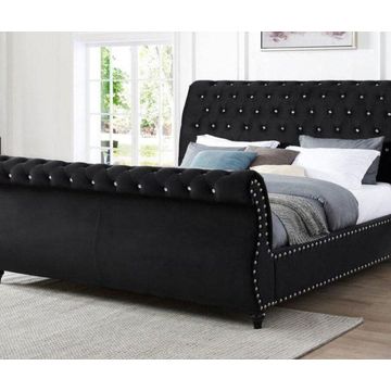 Figure It Out Velvet Black Crystal Button-tufted Sleigh King Bed