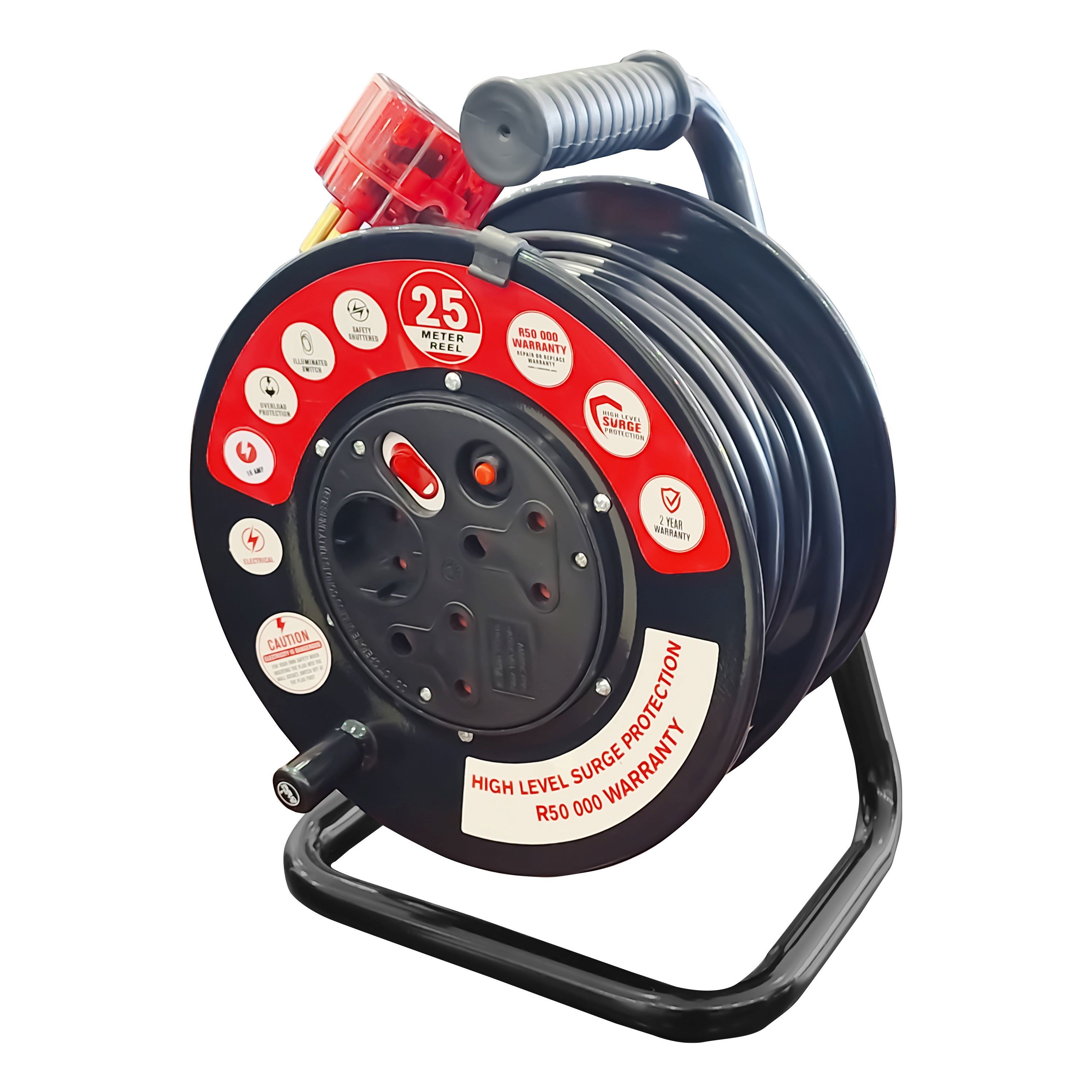 ELECTRICMATE 25M 16 AMP STEEL EXTENSION REEL WITH HIGH LEVEL SURGE PROTECTION