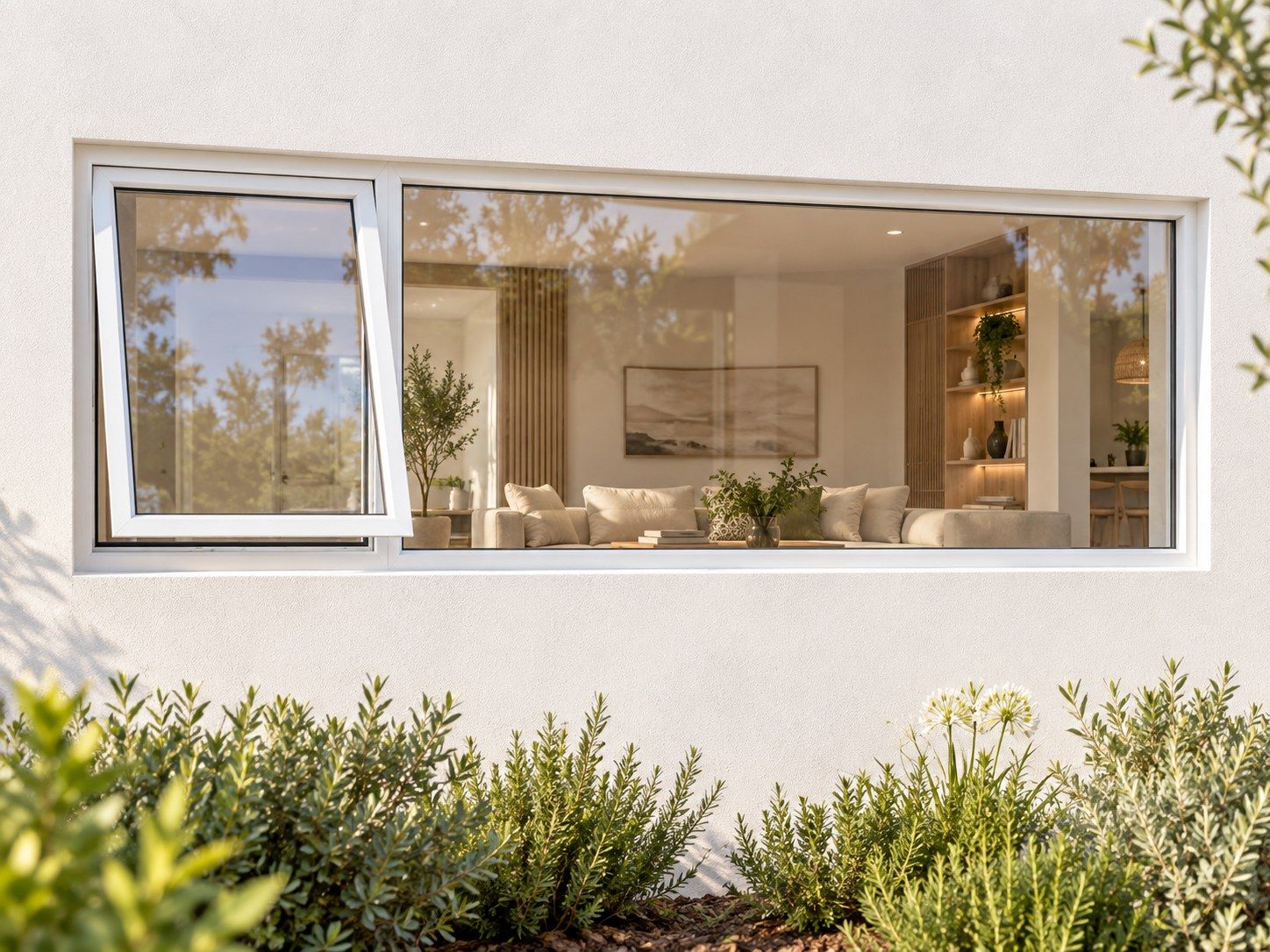 Kenzo Premium Top-Hung Aluminium Window - White, 2400 600 mm, Left Upper Opener with Fixed Side Pane, Clear Glass