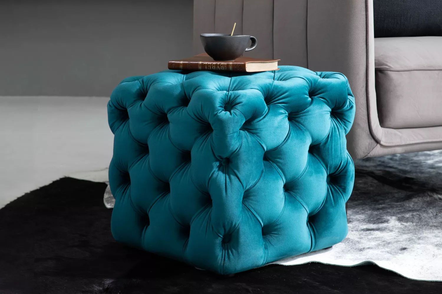 Velvet Tufted Cube Ottoman - Teal