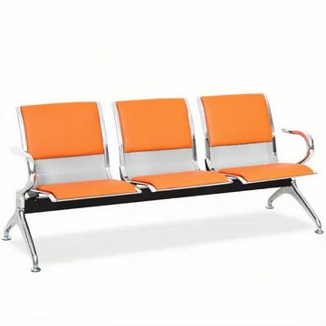 Steel Bench Chrome Upholstered 3 Seater Office Visitor Chair Waiting Area Reception Chairs - Orange