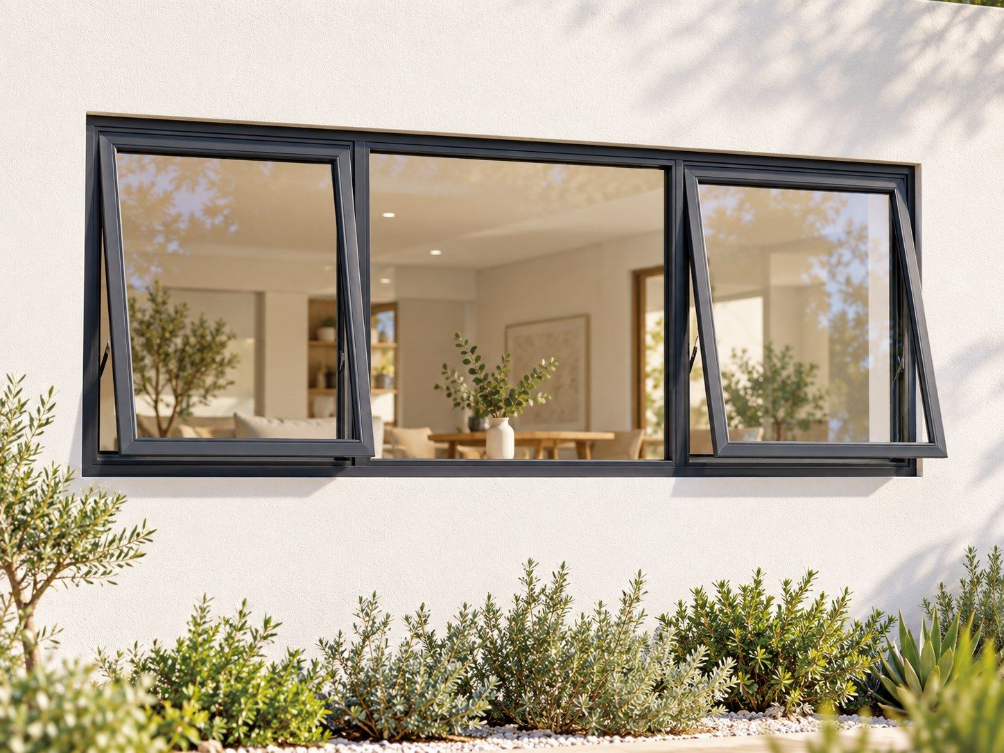 Kenzo Premium Top-Hung Aluminium Window - Charcoal, 2100 400 mm, Two Outer Openers with Fixed Centre, Clear Glass