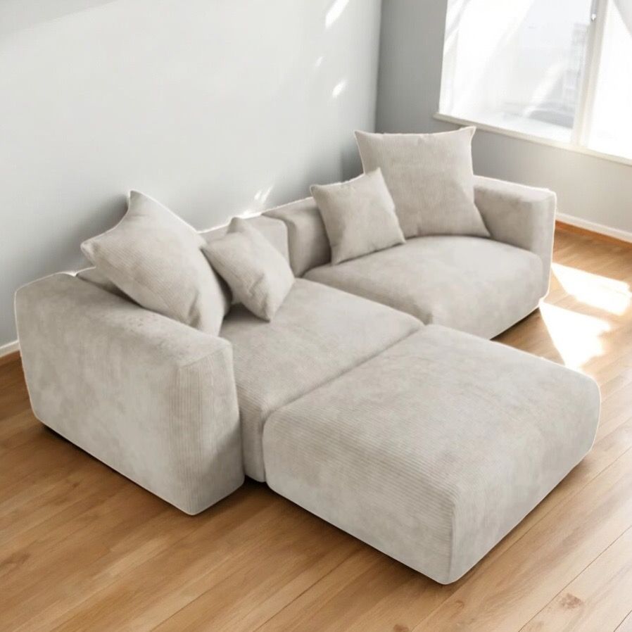 3 Seater Couch - Corduroy fabric - Cream - With Ottoman