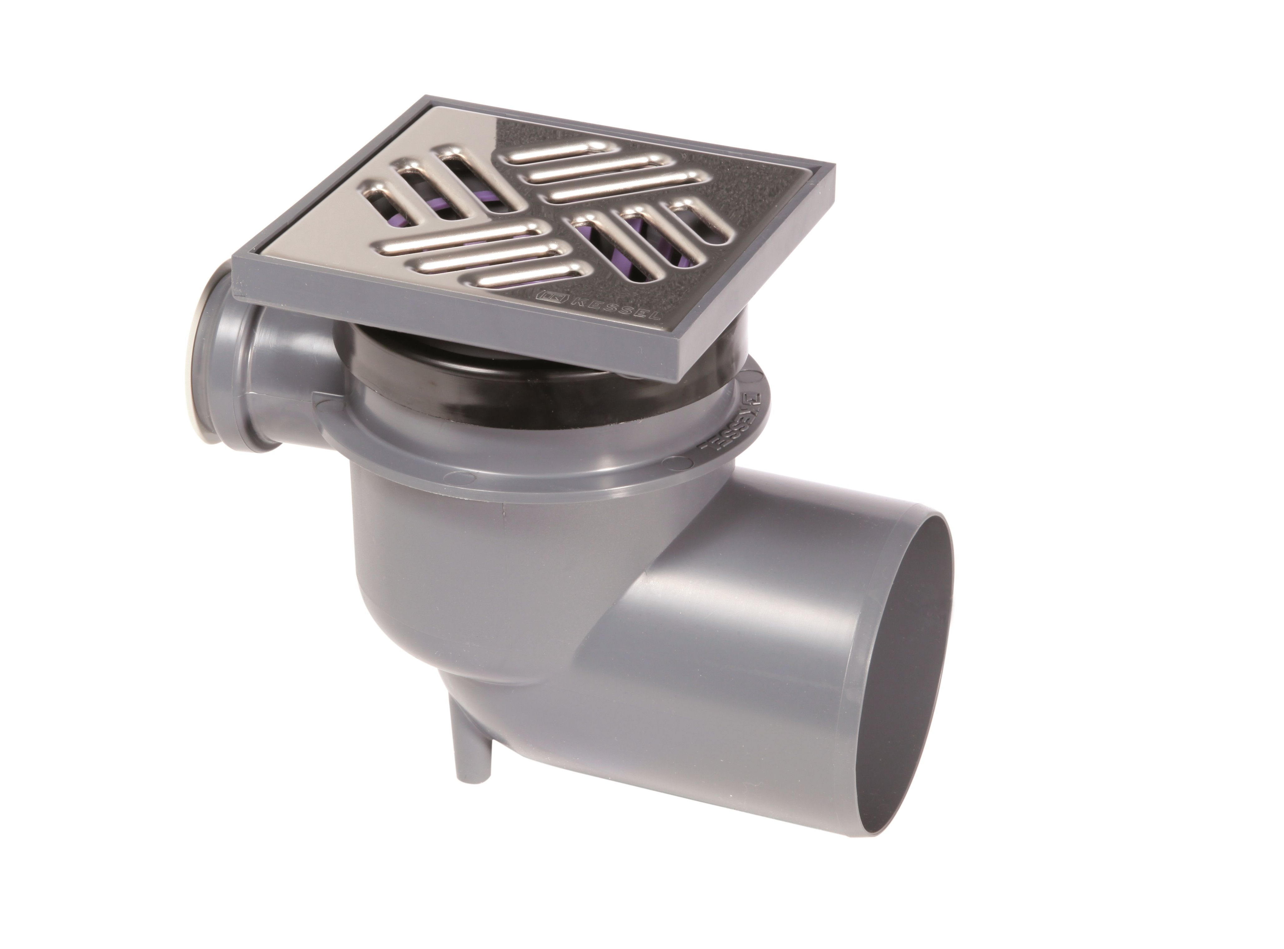 Floor, kitchen and shower Drain 110mm horizontal outlet, with 50mm side inlet, Stainless steel grid 138x138mm
