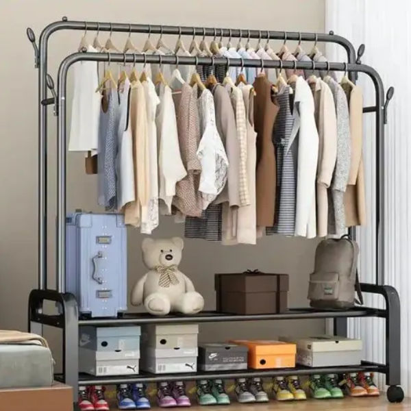 House of Quirk Rack Clothes Rail Metal Double Garment Rack Hanging Rod with 4 Wheels and 2-Tier Shelves Storage Display Stand (Black,120cm)