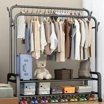 House of Quirk Rack Clothes Rail Metal Double Garment Rack Hanging Rod with 4 Wheels and 2-Tier Shelves Storage Display Stand (Black,120cm)