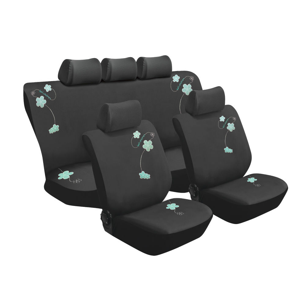 Blossom 11PC Car Seat Cover Set - Black With Mint Green Pattern