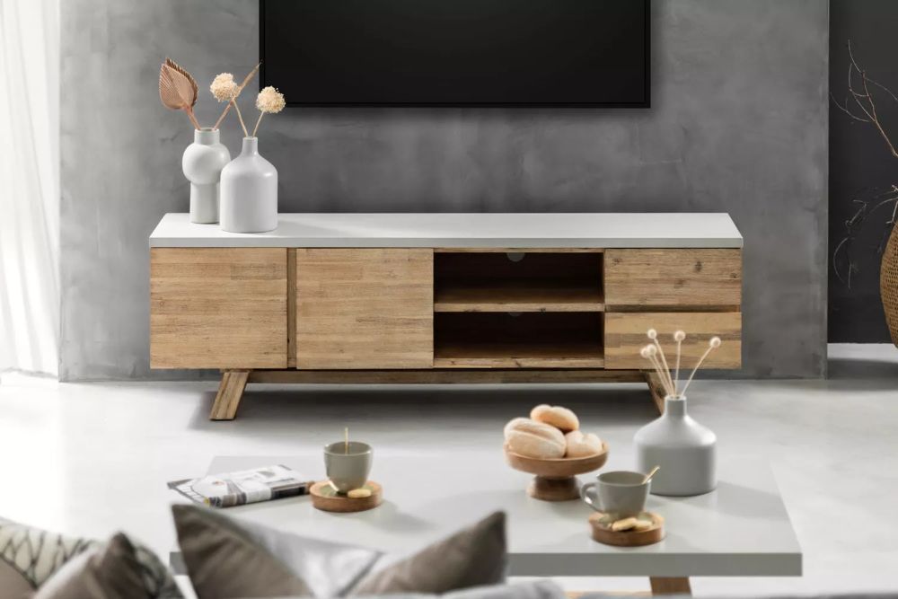Large TV Stand – Brushed Acacia Wood with Cement Grey Top (Modern Industrial)