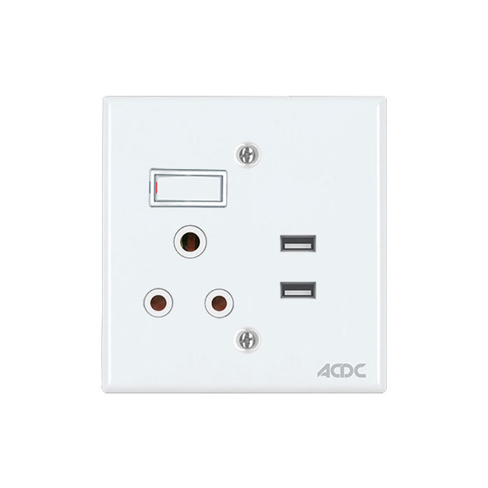 ACDC - 16a Switched Socket 4x4 Usb C/W White Steel Cover Plate