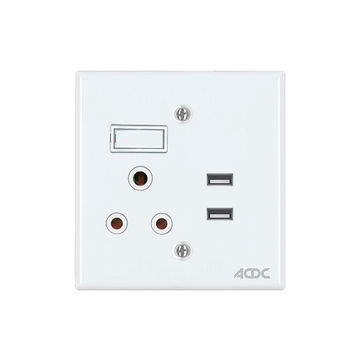 ACDC - 16a Switched Socket 4x4 Usb C/W White Steel Cover Plate