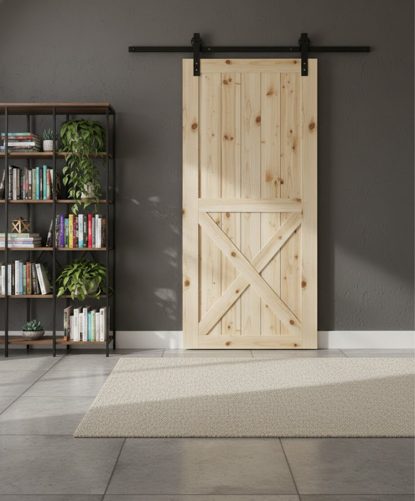 Half X-Brace Barn Door with Vertical Slats & Hardware Kit (2100mm x 920mm x 36mm)