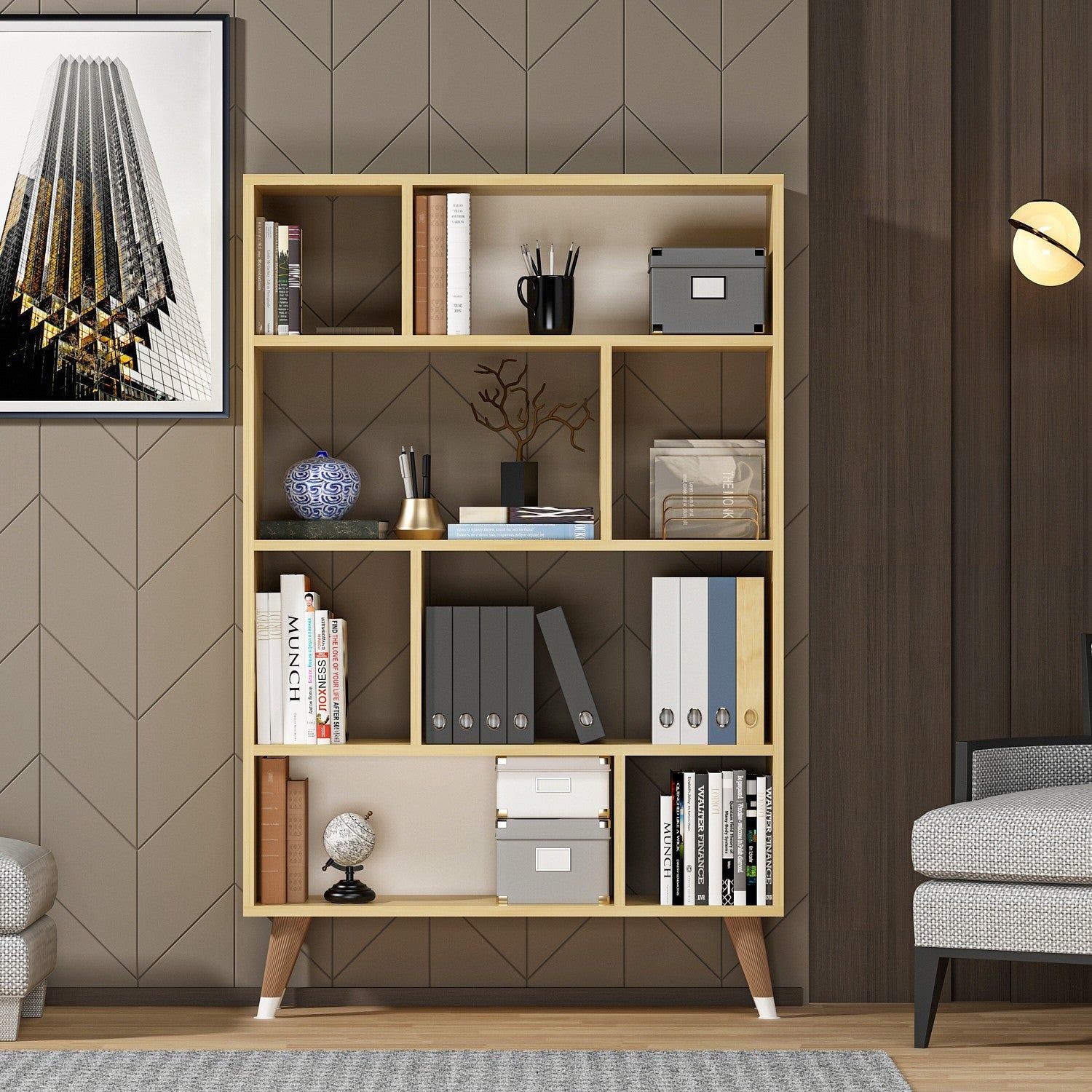 Bookshelf Harby - White, Sapphire Oak