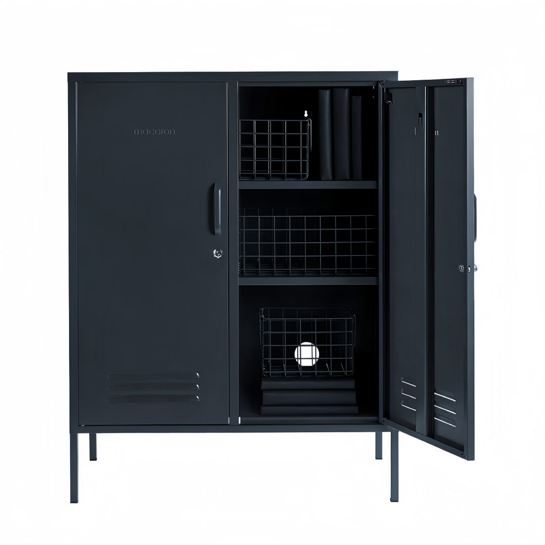 Steel Swing Door Sideboard Midi Locker Storage Cabinet Cupboard - Black
